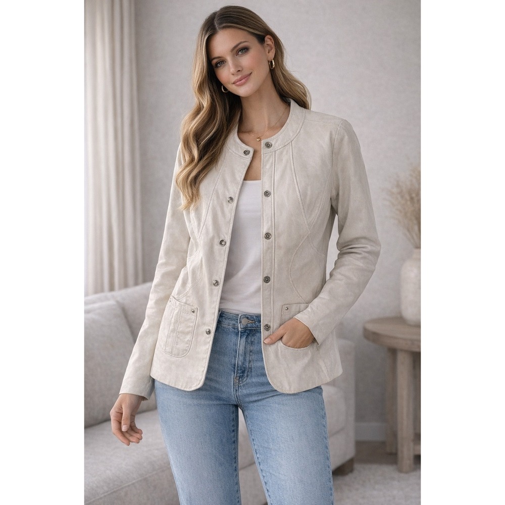 Dialogue Womens 1X Cream Leather Snap Front Collarless Jacket‎ Off White Blazer